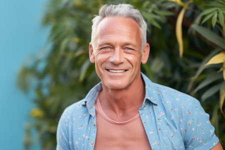 Portrait of handsome mature man with gray hair smiling at camera outdoorsの素材