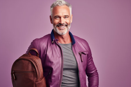 Handsome middle aged man holding a backpack and smiling while standing against purple backgroundの素材
