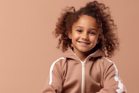Little african american girl with curly hair on beige backgroundの素材