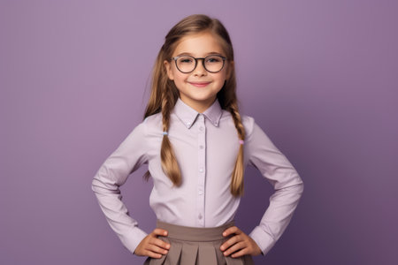 Portrait of a little girl in glasses on a purple background.の素材