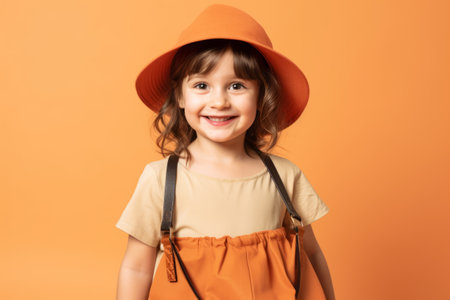 smiling little girl in orange hat looking at camera isolated on orangeの素材