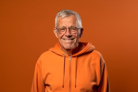Portrait of a smiling senior man with glasses in an orange hoodie.の素材