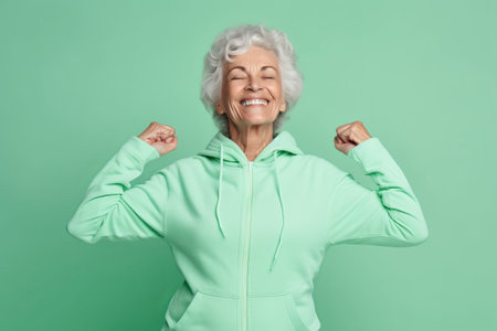 Portrait of happy senior woman in sportswear on color backgroundの素材