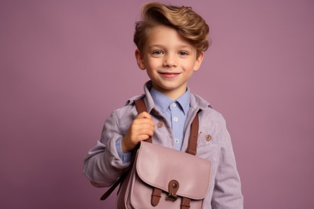 Portrait of a boy with a backpack on a purple background.の素材
