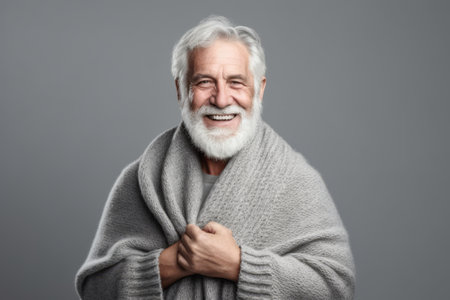 Portrait of a happy senior man wrapped in a blanket. Isolated gray background.の素材