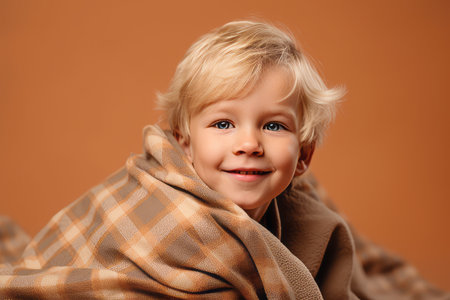Cute little boy wrapped in plaid, isolated on brown backgroundの素材