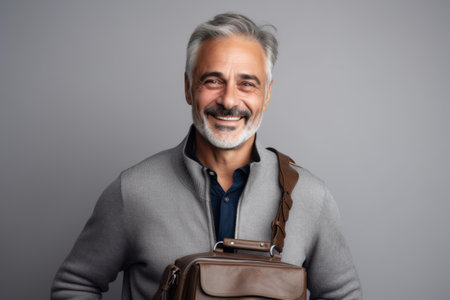 Portrait of a happy mature man with a bag over gray backgroundの素材