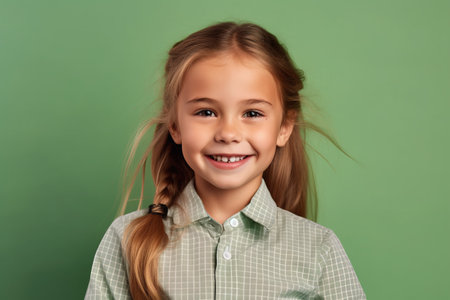 Portrait of a smiling little girl in a green shirt on a green backgroundの素材
