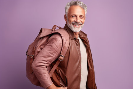 Portrait of a smiling senior man with a backpack. Isolated over purple background.の素材