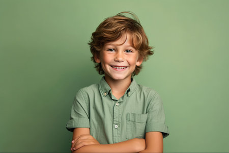 Portrait of a smiling little boy on a green background. Copyspace.の素材