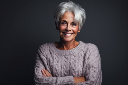 Portrait of a smiling senior woman standing with arms crossed against gray backgroundの素材