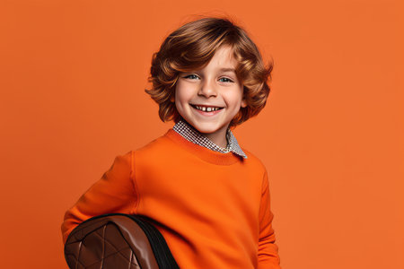 Cheerful little boy in orange sweater and backpack on orange backgroundの素材