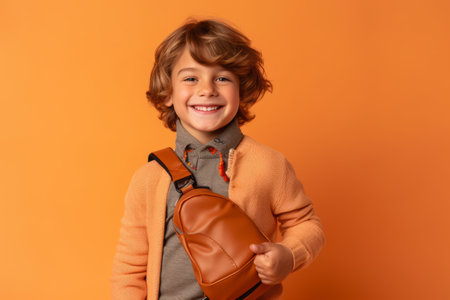 Portrait of a smiling boy with a backpack on an orange backgroundの素材