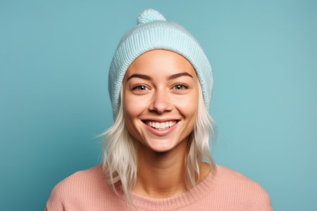 Portrait of a smiling young woman in a hat on a blue backgroundの素材