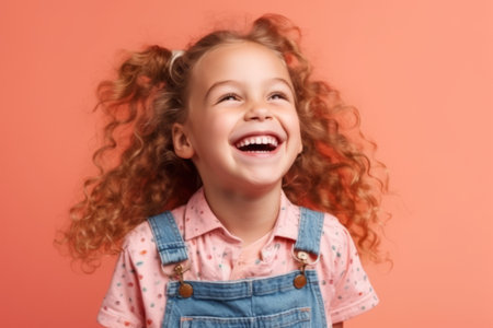 Portrait of a smiling little girl with curly hair on a pink backgroundの素材
