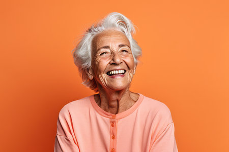 Portrait of a happy senior woman laughing and looking at camera isolated over orange backgroundの素材