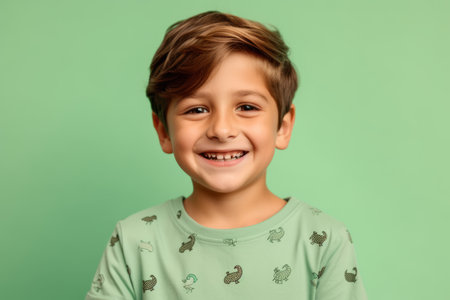 Portrait of a smiling little boy in a green T-shirt on a green backgroundの素材