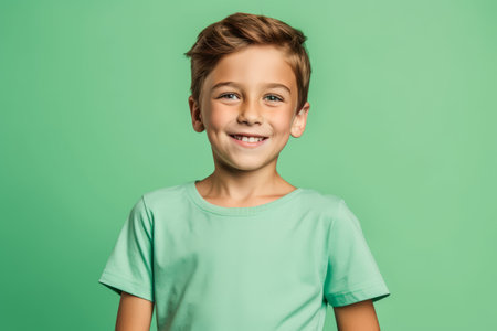 portrait of smiling boy in green t-shirt isolated on greenの素材