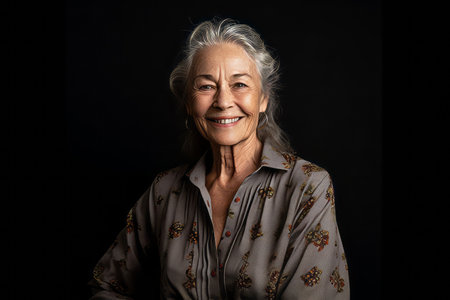 Portrait of a smiling senior woman looking at camera on black backgroundの素材