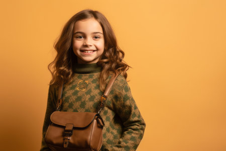 Cute little girl in a green sweater with a backpack on a yellow backgroundの素材