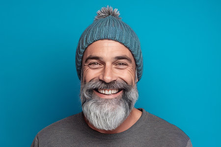 Portrait of a happy mature man with gray beard and gray hair wearing a knitted hatの素材