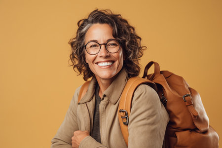 smiling mature woman in eyeglasses with backpack isolated on yellowの素材