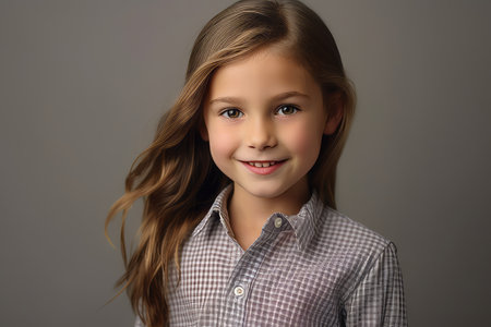 Portrait of a cute little girl with long hair on a gray backgroundの素材