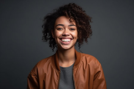 Portrait of a happy young african american woman laughing isolated over gray backgroundの素材