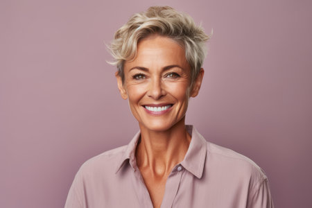 Portrait of a beautiful mature woman smiling at the camera over purple backgroundの素材