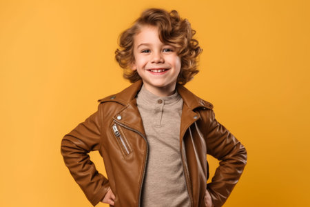 smiling kid in brown leather jacket looking at camera isolated on yellowの素材
