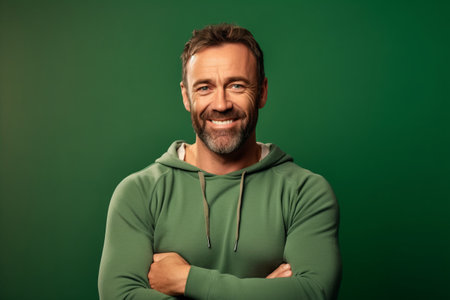 happy man in green hoodie looking at camera with crossed arms isolated on greenの素材