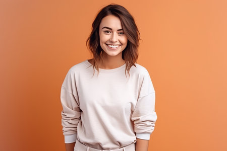 Portrait of a beautiful young woman smiling and looking at camera while standing against orange backgroundの素材