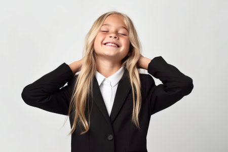 Portrait of a cute little girl in a black suit on a white backgroundの素材
