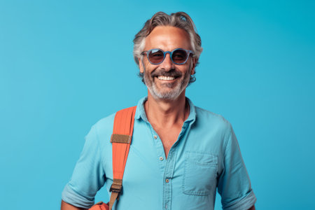 Portrait of smiling senior man in sunglasses and backpack on blue backgroundの素材