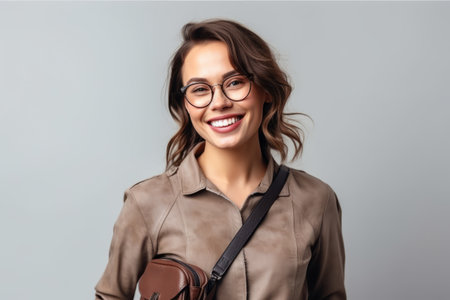 Portrait of a smiling young businesswoman in eyeglasses looking at camera isolated over gray backgroundの素材