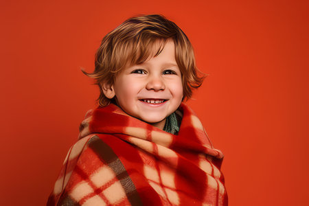 Smiling little boy in a red scarf on a red background.の素材
