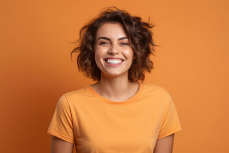 Portrait of a beautiful young woman with curly hair on orange backgroundの素材