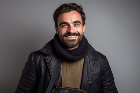 Portrait of a handsome young man wearing a leather jacket and scarf.の素材