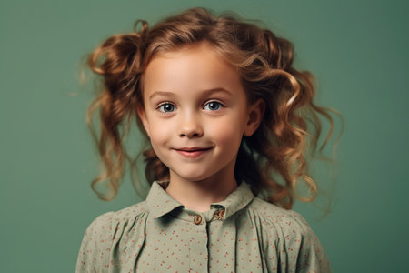 Portrait of a cute little girl with curly hair on a green backgroundの素材