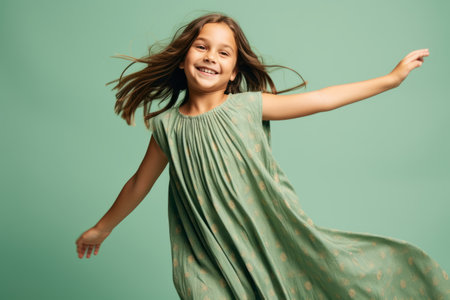 Happy little girl with long flying hair in green dress on green backgroundの素材