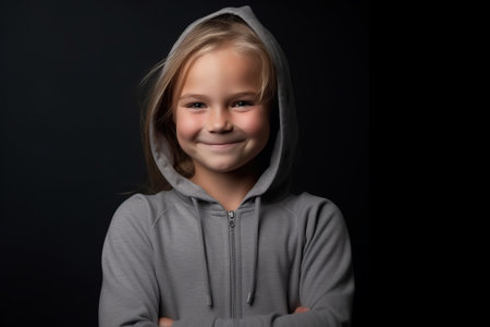 Portrait of a little girl in a gray hoodie on a black backgroundの素材