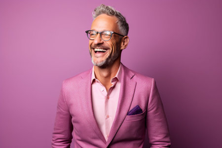 Portrait of happy mature man in pink suit and eyeglasses on purple backgroundの素材