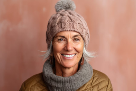 Portrait of a smiling senior woman in winter hat and scarf.の素材