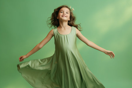Beautiful little girl in a green dress on a green background.の素材