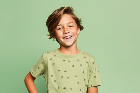 Portrait of a smiling little boy in a green t-shirtの素材