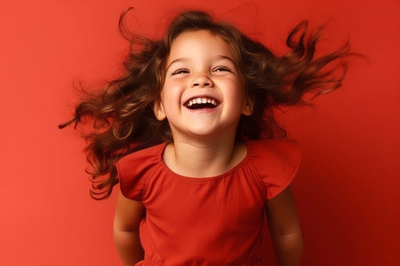 Portrait of a smiling little girl in a red dress on a red backgroundの素材