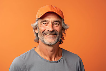 Portrait of a senior man with gray hair and a baseball cap on an orange backgroundの素材