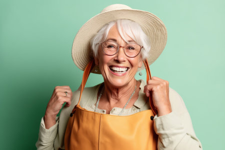 Portrait of a happy senior woman in hat and apron isolated on green backgroundの素材
