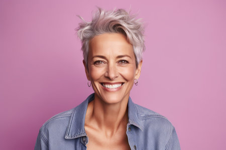 Portrait of happy mature woman with short gray hair smiling at cameraの素材