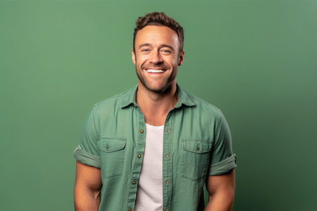 smiling man in green shirt looking at camera and smiling isolated on greenの素材